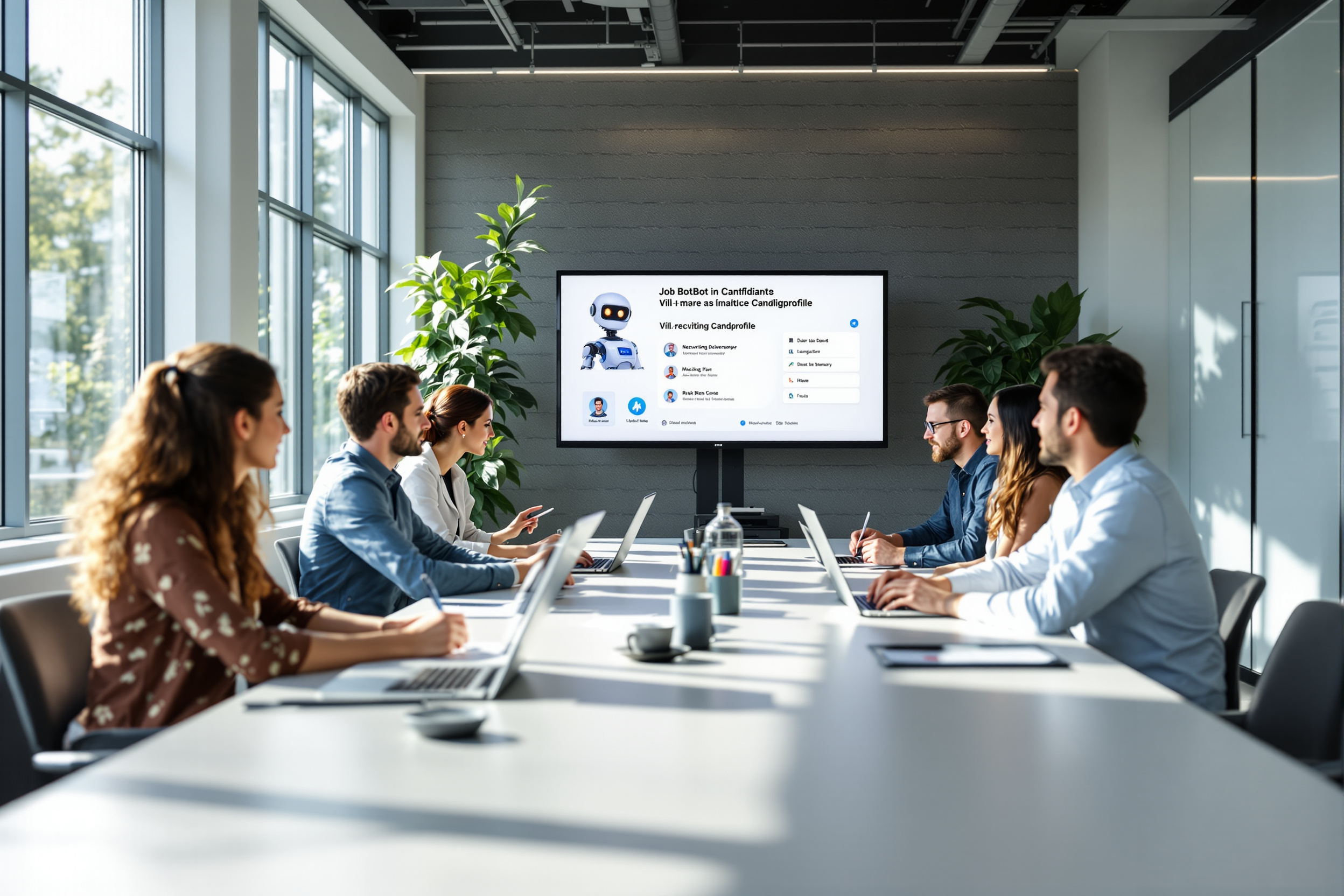 Moderne Fachkräfte nutzen Job-Bots für effizientes Recruiting in einem deutschen Büro.