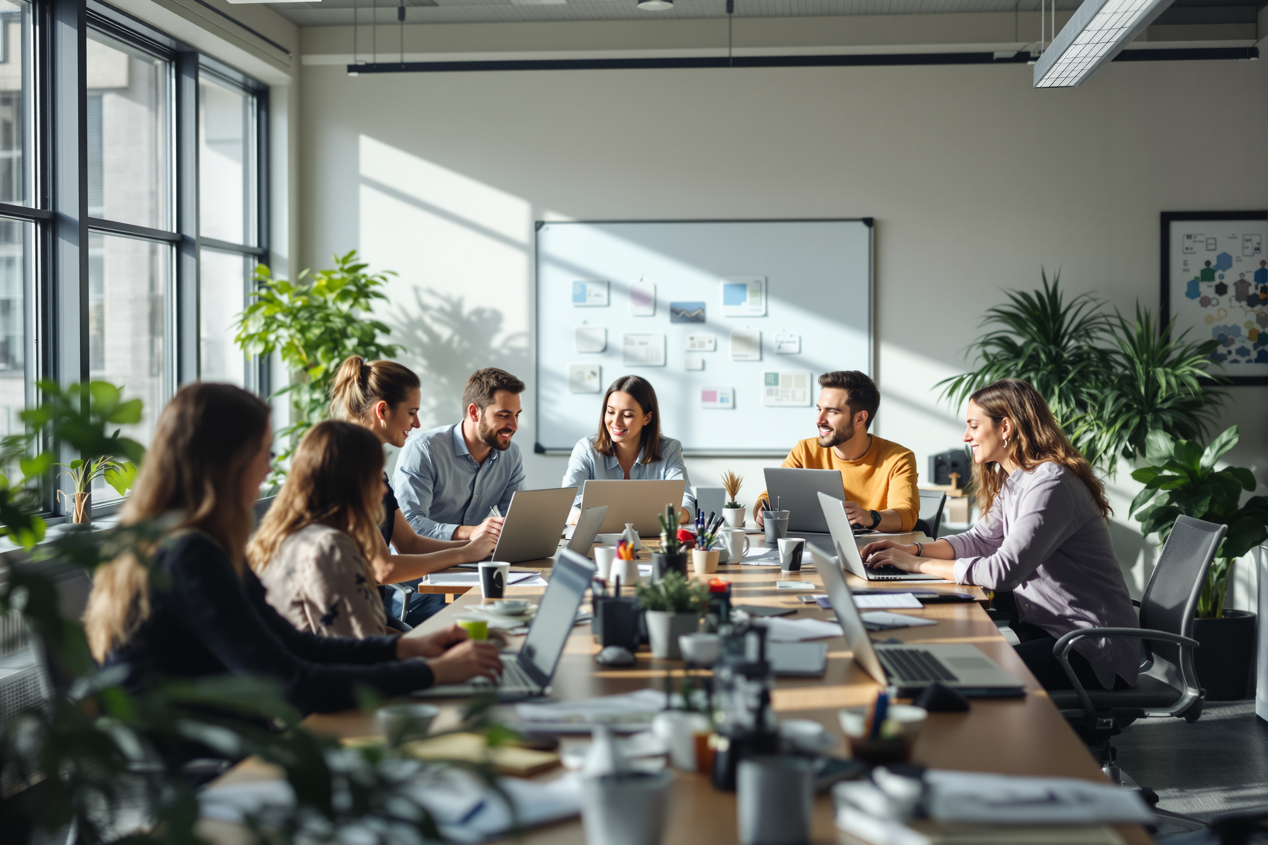 Vielfältiges Team arbeitet gemeinsam an digitalen Lösungen in einem modernen Büro.
