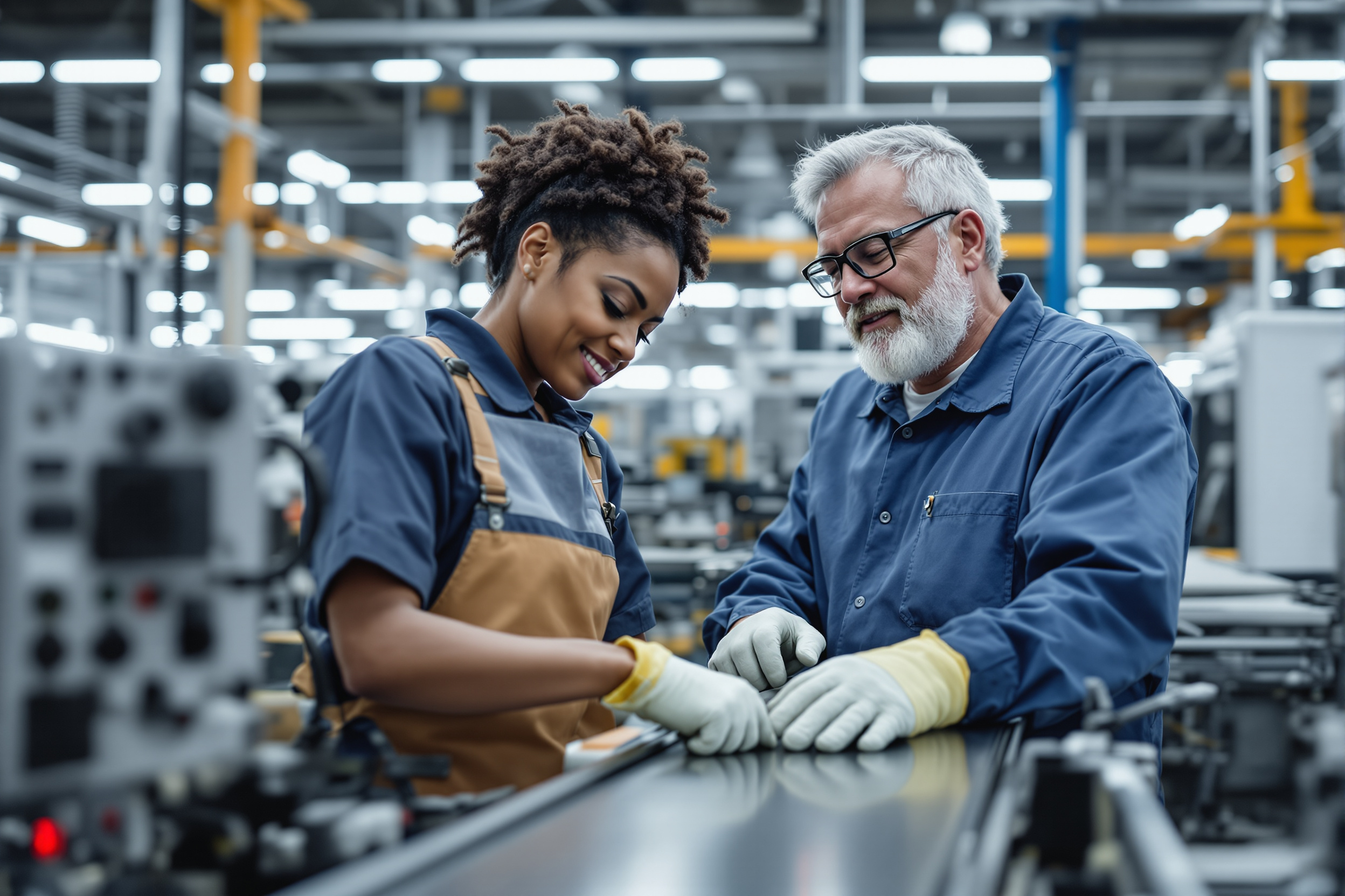 Vielfältige Fachkräfte in der Produktion: Afrikanisch-amerikanische Arbeiterin und Qualitätsprüfer an Fertigungsmaschine in Deutschland