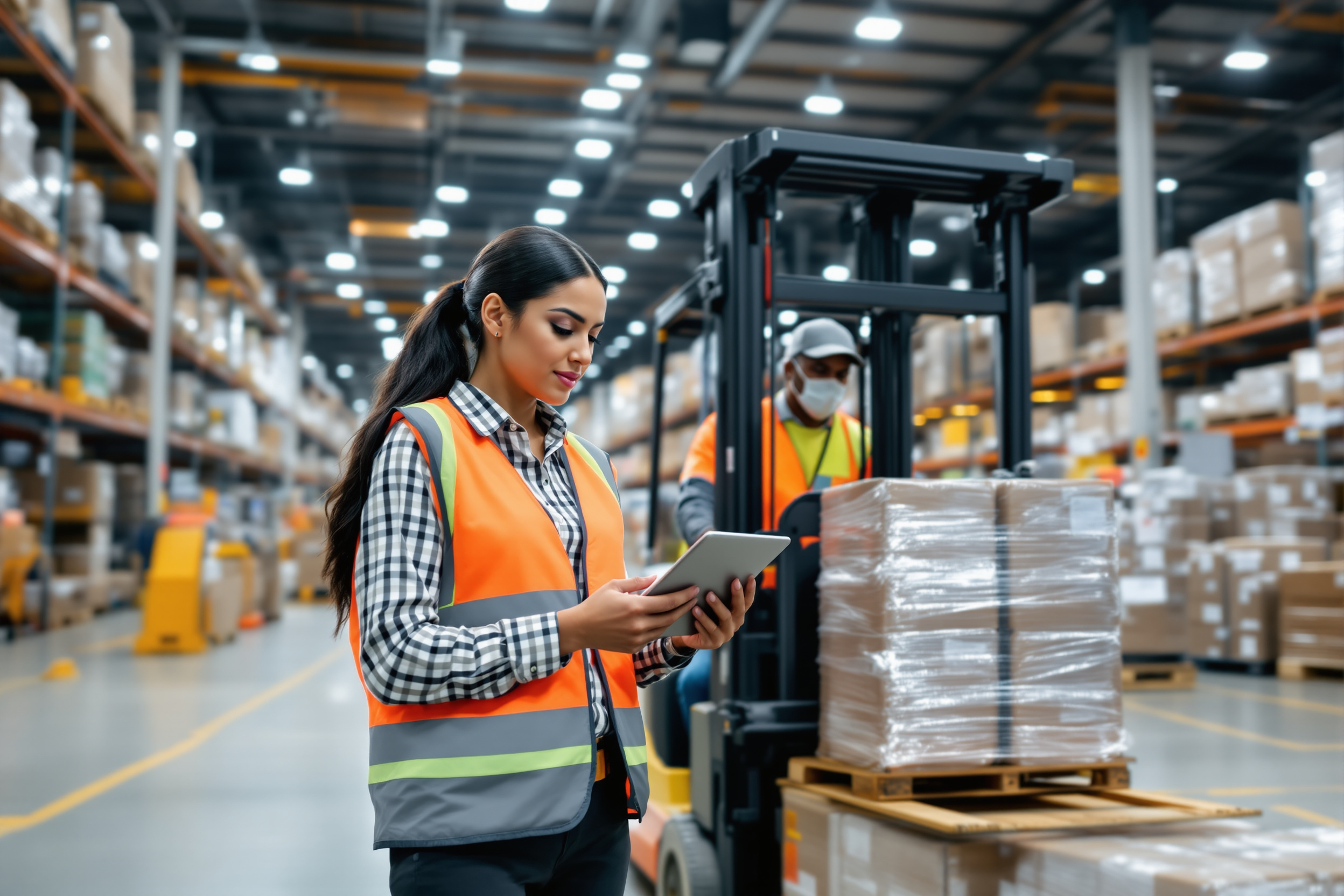 Latina Logistikmanagerin und Afroamerikanischer Gabelstaplerfahrer arbeiten effizient in einem Lager in Hamburg. Moderne Logistik, Vielfalt und Teamwork.