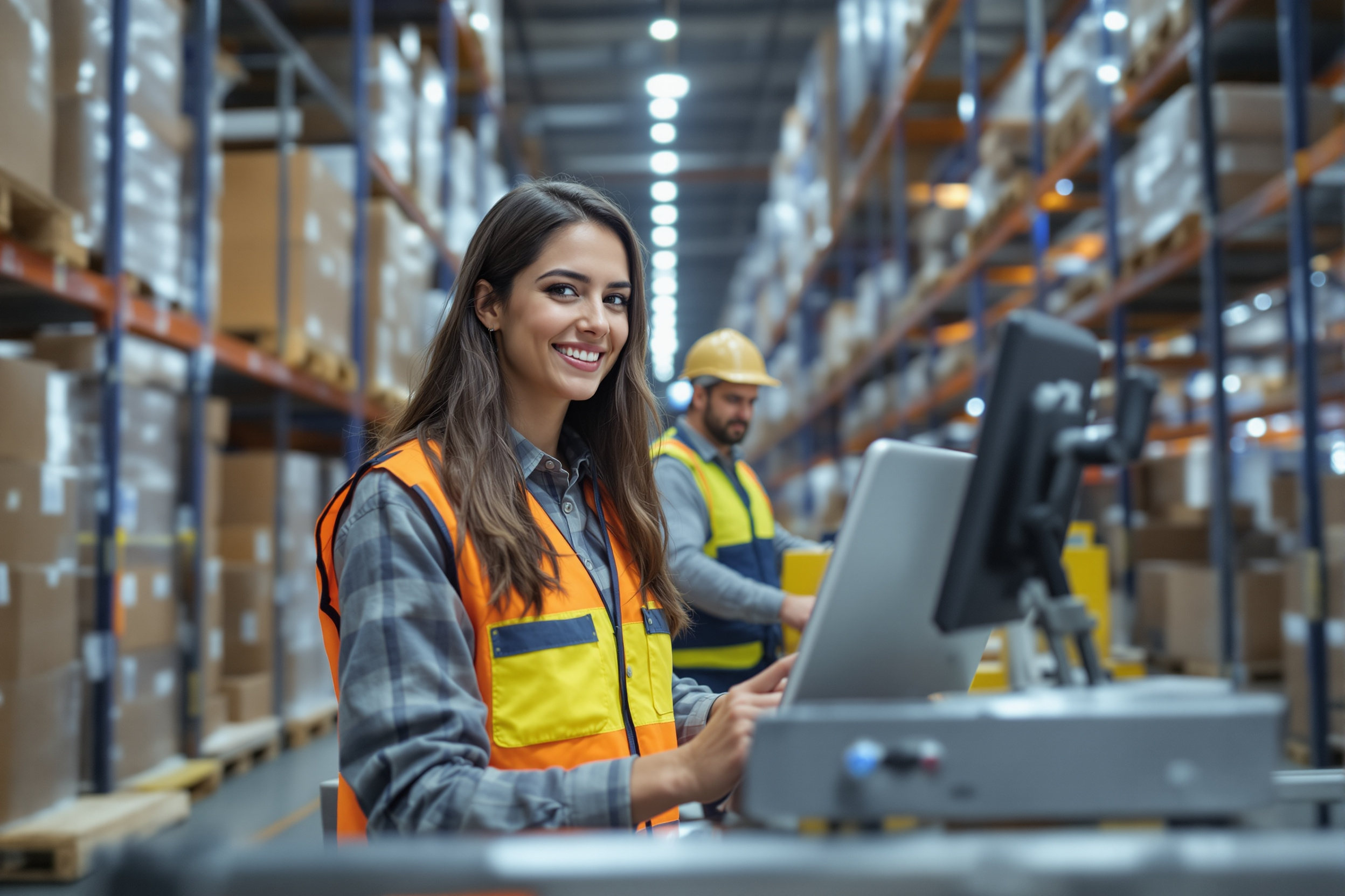 Junge Lagerarbeiterin bedient Kommissioniersystem in Logistiklager Deutschland