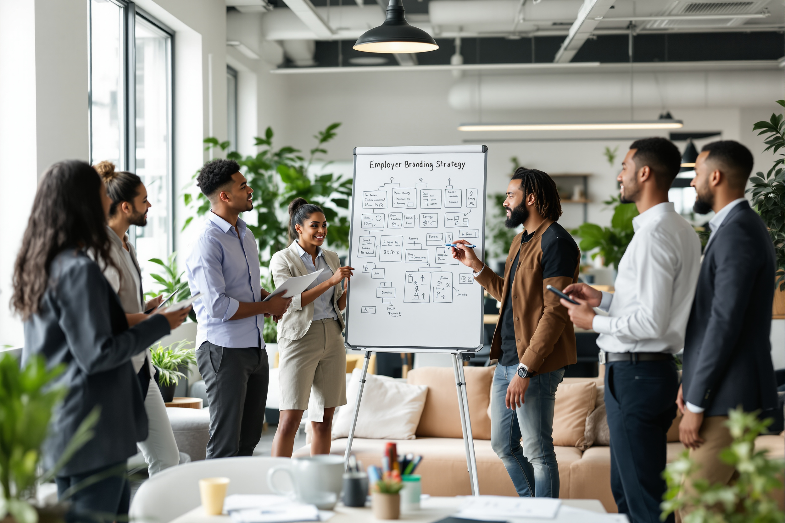 Mitarbeiter arbeiten gemeinsam an einer Employer-Branding-Strategie in einem modernen Büro.
