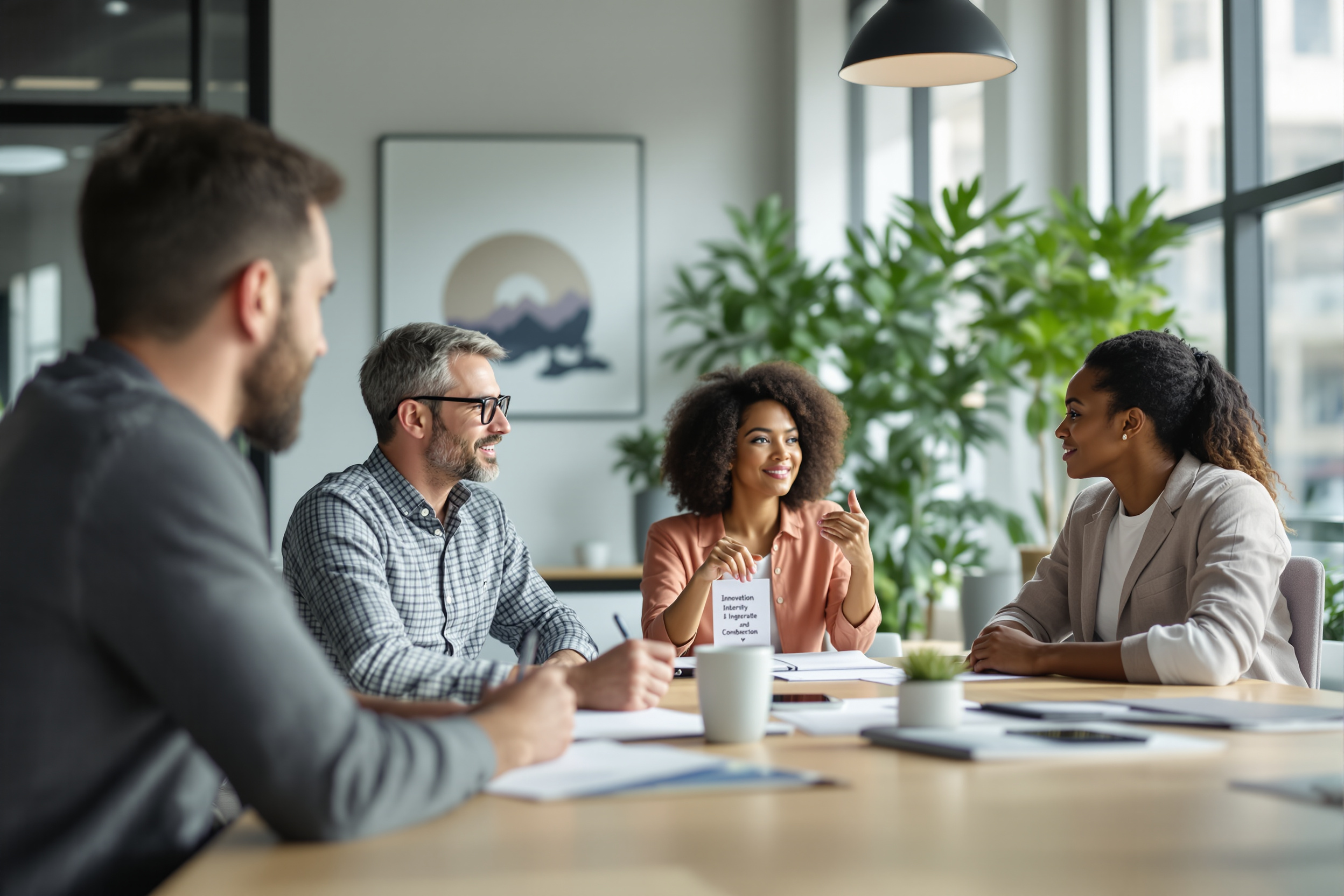 Diverse Gruppe von Mitarbeitern bei einem Brainstorming-Meeting über Unternehmenswerte