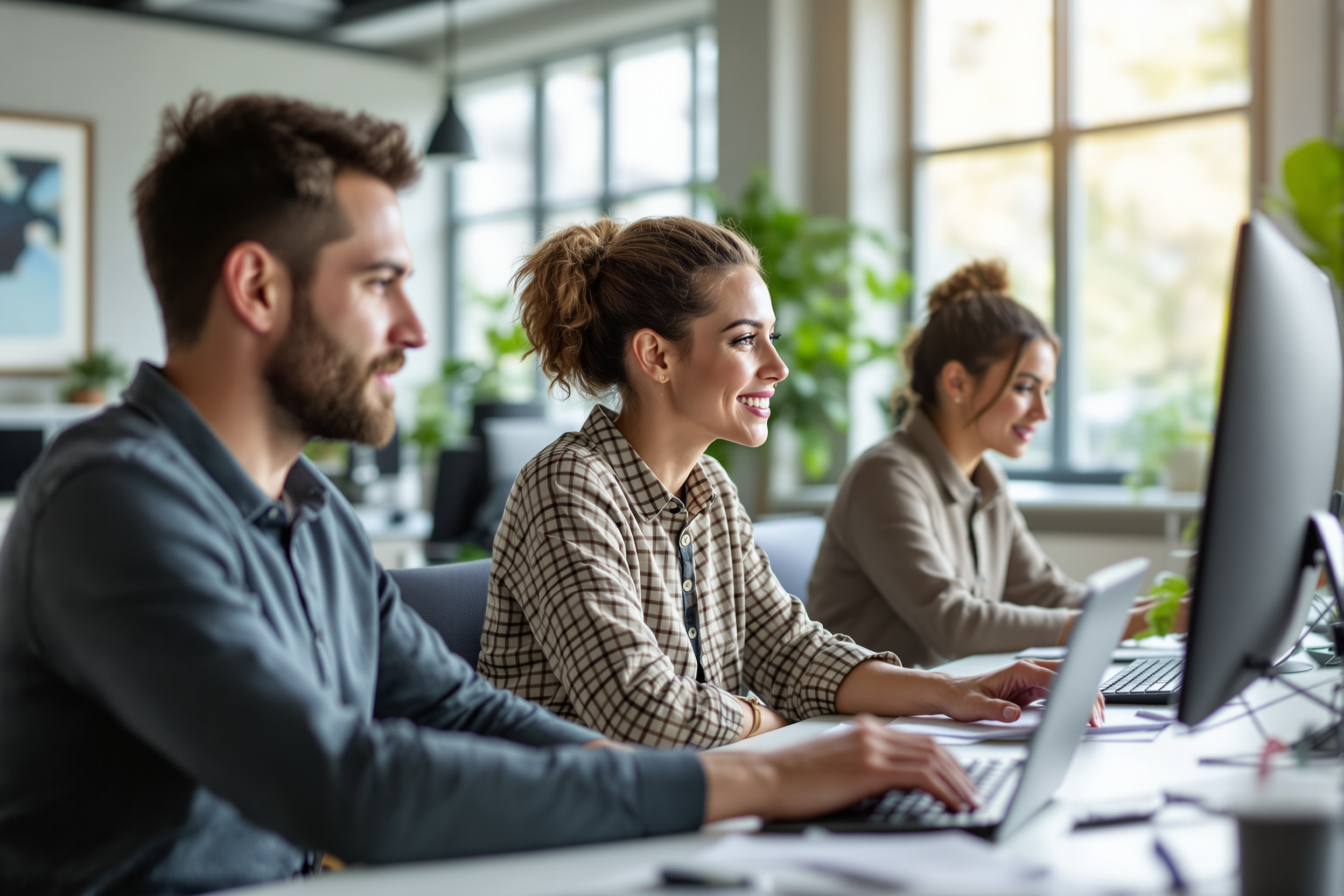 Diverses Team arbeitet in einem modernen Büro, Fokus auf Mitarbeiterbindung.
