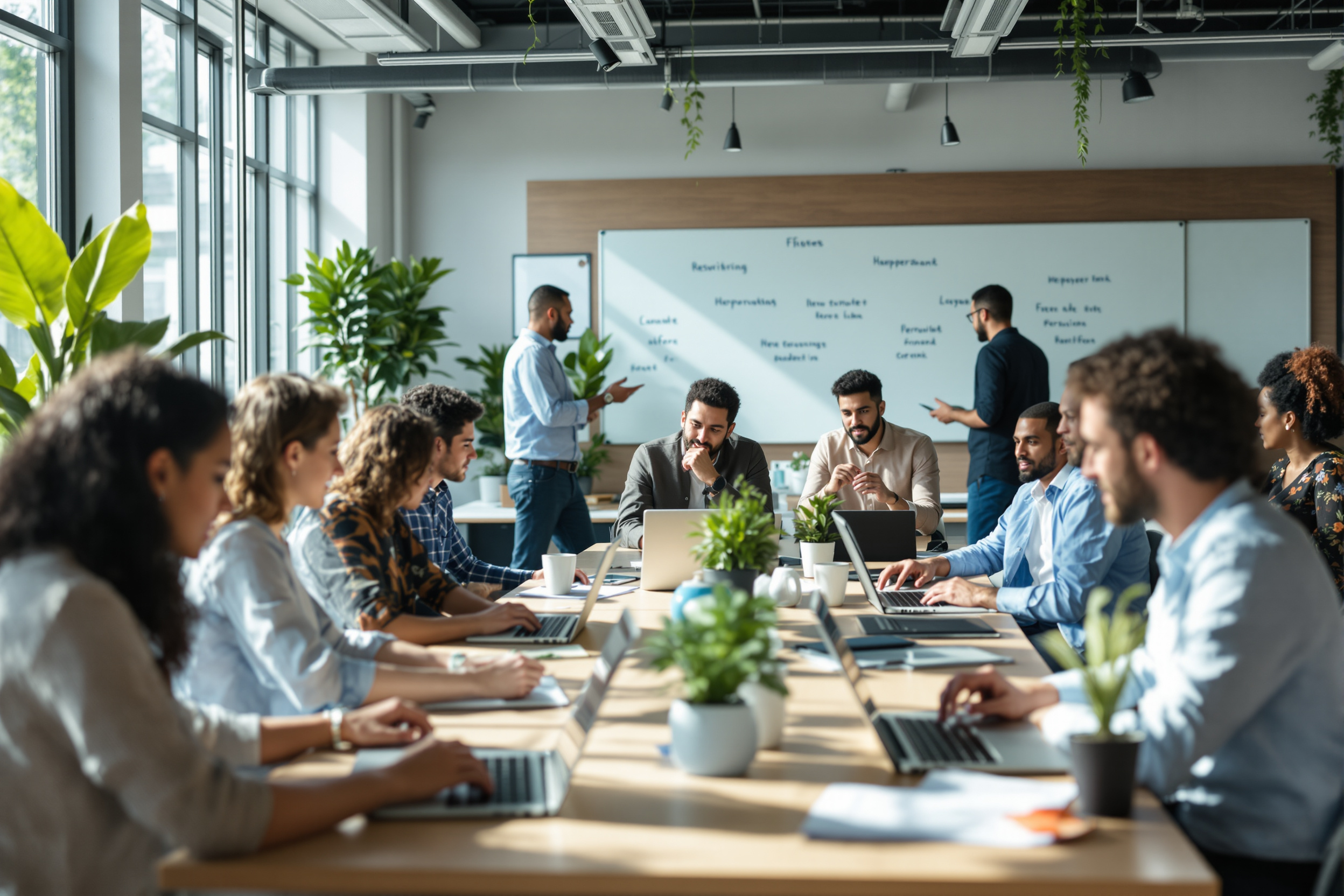 Vielfältiges Team arbeitet in modernem Büro mit Recruiting-Branding.